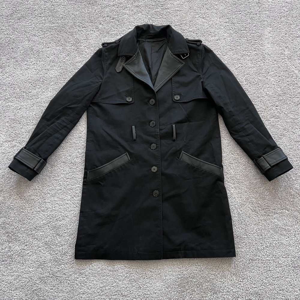 The Kooples Trench Coat Mens 40 Black Leather Trim Belted‎ Collar Lined